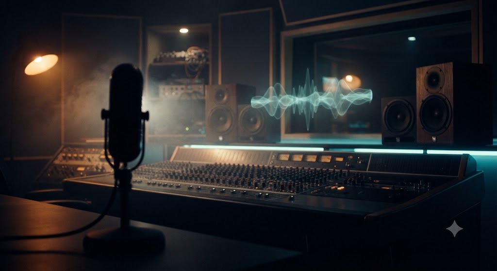 Studio audio con forme d'onda al neon luminose