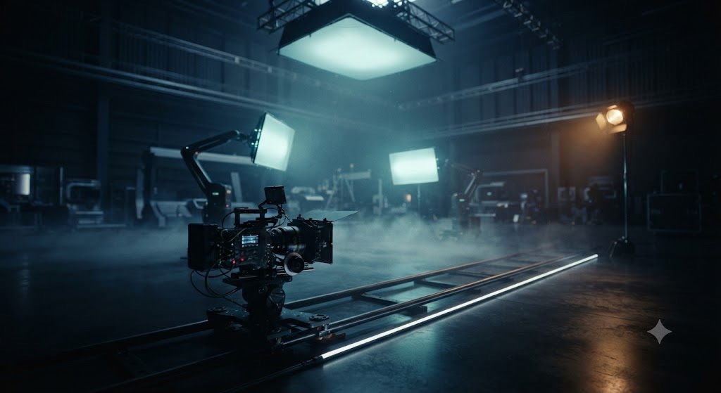 Set cinematografico con sagoma di cinepresa e fasci di luce al neon