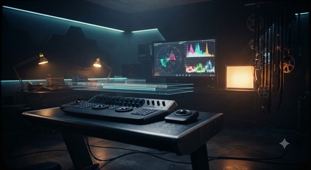 Suite di post-produzione con monitor di color grading e pellicole